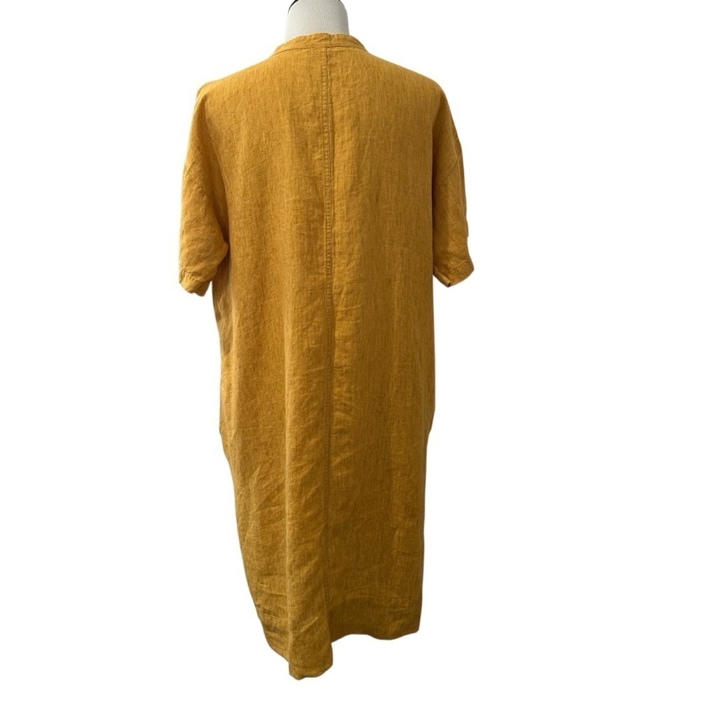 Eileen Fisher Mustard Yellow Button-Up organic linen short sleeve Dress - Picture 3 of 16